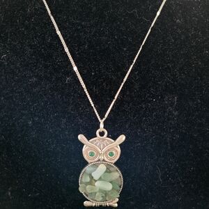 Charming Silver Owl Necklace with Green Details